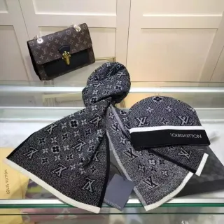 Louis Vuitton Monogram Scarf & Beanie Set T202# Grey — seller product photo