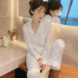 White Checkered Silk Pajama Set — seller product photo