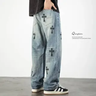Light Blue Cross Embroidered Jeans — seller product photo