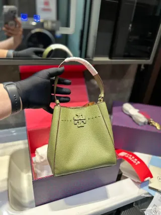 Tory Burch McGraw Mini Bucket Bag Olive Green Handbag — seller product photo