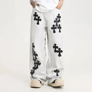 White Cross Embroidered Jeans — seller product photo
