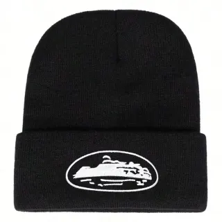 Beanie Black with White Embroidered Logo Headwear — seller product photo