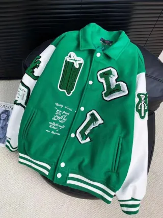 Green & White Letterman Jacket with Embroidered Patches — seller product photo