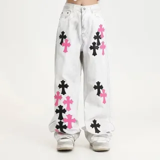 White Cross Print Wide Leg Jeans — seller product photo