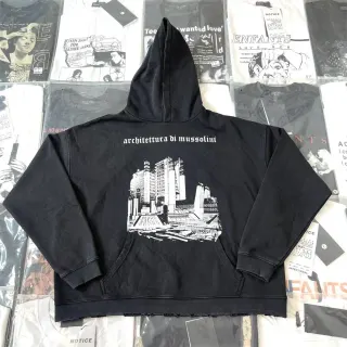 Unisex Washed Black Hoodie with Mussolini Architecture Print — seller product photo