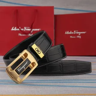 Ferragamo Black Crocodile Texture Belt with Gold Buckle — seller product photo